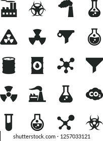 Solid Black Vector Icon Set - round flask vector, manufacture, factory, oil, barrel, industrial building, radiation, carbon dyoxide, filter, water, test tube, molecule, nuclear, biohazard