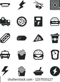 Solid Black Vector Icon Set - lightning vector, dangers, car, delivery, sausage, pizza, piece of, Hot Dog, mini, big burger, a bowl buckwheat porridge, French fries, fried potato slices, coffe to go