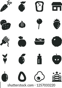 Solid Black Vector Icon Set - feeding bottle vector, stick of sausage, spaghetti, lettuce in a plate, cabbage, Chupa Chups, fried egg, sandwich, peach, quince, tasty apple, raspberry, passion fruit