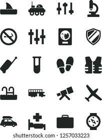 Solid Black Vector Icon Set - test tube vector, microscope, telescope, settings, lunar rover, plane, car baggage, bus, suitcase, passport, rolling case, pool, hospital bed, shield, no smoking sign