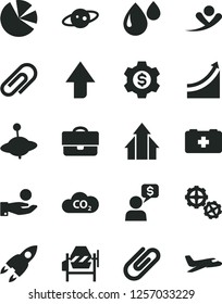 Solid Black Vector Icon Set - clip vector, upward direction, bag of a paramedic, yule, gears, concrete mixer, drop, CO2, portfolio, catch coin, pie charts, saturn, rocket, growth graph, arrows