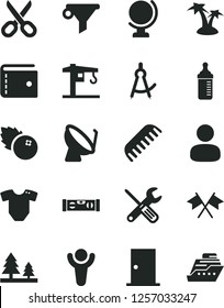 Solid Black Vector Icon Set - scissors vector, purse, measuring bottle for feeding, t short, comb, crane, small tools, ntrance door, building level, globe, blueberries, forest, satellite dish, man