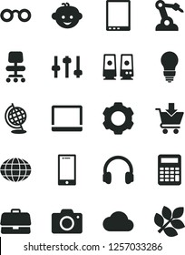 Solid Black Vector Icon Set - camera vector, children's hairdo, bulb, smartphone, put in cart, robot welder, briefcase, globe, tablet pc, notebook, headphones, speaker, chair, settings, cloud