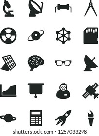 Solid Black Vector Icon Set - planet vector, radiation hazard, satellite dish, sd card, microscope, glasses, brain, scientist, calculator, drawing compass, growth graph, sun panel, antenna, saturn