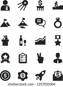Solid Black Vector Icon Set - employee vector, survey, carrer stairway, arrow graph, man with medal, motivation, mountain flag, hero, star ribbon, diamond ring, dialog, dollar coin, column, gear