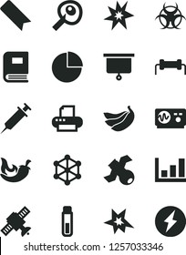 Solid Black Vector Icon Set - bookmark vector, pie chart, chili, bananas, printer, test tube, satellite, book, biohazard, oscilloscope, artifical insimination, growth graph, syringe, 3d cube, bang