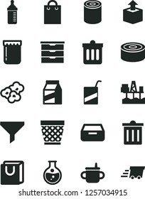 Solid Black Vector Icon Set - wicker pot vector, bin, storage unit, mug for feeding, measuring bottle, e, dust, drawer, bag with handles, package, unpacking, canned goods, tin, popcorn, jam, filter