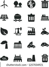 Solid Black Vector Icon Set - bin vector, dust, solar panel, working oil derrick, leaf, windmill, manufacture, hydroelectric station, hydroelectricity, trees, industrial building, factory, eco car