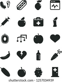 Solid Black Vector Icon Set - heart symbol vector, first aid kit, toys over the cot, measuring bottle for feeding, broken, cardiogram, Hot Dog, cucumber, apple, quince, apricot, blackberry, tasty