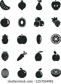 Solid Black Vector Icon Set - carrot vector, apple, pear, grape, tasty, medlar, raspberry, blueberries, melon, loquat, delicious plum, date fruit, tangerine, slice of, juicy lemon, guava