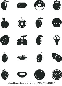 Solid Black Vector Icon Set - sausage vector, slices of onion, cake, glazed with a hole, plate milk, cone, blueberries, strawberries, apple, orange, blackberry, tasty raspberry, mulberry, cornels