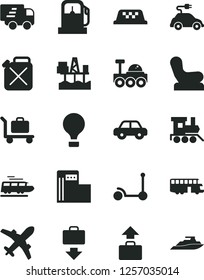 Solid Black Vector Icon Set - Baby chair vector, motor vehicle, toy train, Kick scooter, commercial seaport, gas station, modern, canister, electric car, Express delivery, lunar rover, bus, taxi