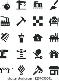 Solid Black Vector Icon Set - house vector, crane, hook, big core, building trowel, concrete mixer, cordless drill, paint roller, tile, spatula, road fence, hammer with claw, hydroelectric station