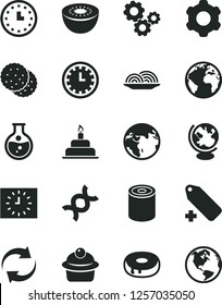 Solid Black Vector Icon Set - sign of the planet vector, clock face, renewal, add label, birthday cake, cogwheel, tin, onion, muffin, with a hole, biscuit, kiwi, round flask, gears, wall watch, dna