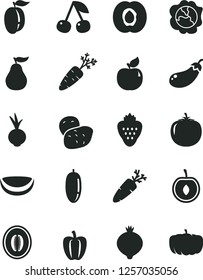 Solid Black Vector Icon Set - beet vector, carrot, strawberry, cherry, half apricot, squash, medlar, melon, date fruit, ripe plum, piece of coconut, guava, persimmon, Bell pepper, potato, eggplant