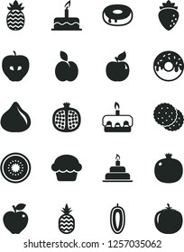Solid Black Vector Icon Set - cake vector, birthday, torte, with a hole, glazed, pineapple, apple, biscuit, pomegranate, half, apricot, red, tasty, raspberry, fig, sweet date fruit, of kiwi