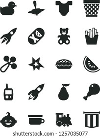 Solid Black Vector Icon Set - wicker pot vector, Child T shirt, baby rattle, duckling, tumbler, toy mobile phone, children's potty, teddy bear, funny hairdo, train, small yule, apple pie, ripe guava