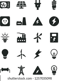 Solid Black Vector Icon Set - danger of electricity vector, matte light bulb, incandescent lamp, power socket type b, lightning, dangers, solar panel, windmill, wind energy, line, electric plug