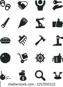 Solid Black Vector Icon Set - magnifier vector, measuring cup for feeding, shoes little children, arm saw, spatula, hammer with claw, core, thumb up, shipment, apple pie, grill chicken leg, cabbage