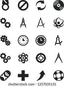 Solid Black Vector Icon Set - prohibition vector, clock face, renewal, plus, tumbler, CD, gears, scribed compasses, Measuring, wall watch, atom, drawing compass, gold ring, aim, arrow up, lifebuoy