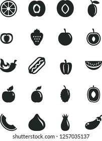 Solid Black Vector Icon Set - Hot Dog vector, chili, strawberry, half apricot, plum, rose hip, fig, mulberry, slice of melon, delicious, water, tasty, cherry, lemon, juicy, guava, tomato, eggplant
