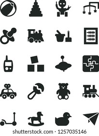 Solid Black Vector Icon Set - toys over the cot vector, dummy, new abacus, beanbag, baby duckling, bath ball, stacking toy, motor vehicle present, mobile phone, sand set, small teddy bear, train