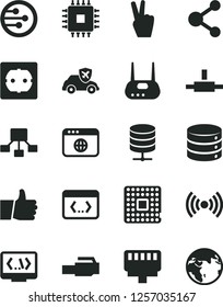Solid Black Vector Icon Set - power socket type f vector, thumb up, big data, server, autopilot, processor, connection, hierarchical scheme, cpu, router, network, browser, connect, coding, wireless