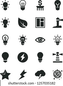 Solid Black Vector Icon Set - matte light bulb vector, window, lightning, star, eye, storm cloud, leaf, lighthouse, coastal, electricity, dollar column, idea, disco ball