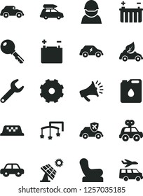 Solid Black Vector Icon Set - truck lorry vector, toys over the cot, Baby chair, motor vehicle, present, key, big solar panel, accumulator, battery, racer, canister of oil, eco car, retro, autopilot