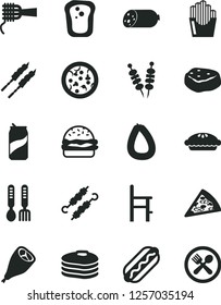 Solid Black Vector Icon Set - a chair for feeding vector, iron fork spoons, sausage, stick of, fried vegetables on sticks, pizza, piece, Hot Dog, burger, noodles, pie, grill chicken leg, barbecue