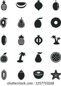 Solid Black Vector Icon Set - a pineapple vector, medlar, half of, mango, loquat, date fruit, passion, sweet, kiwi, tamarillo, guawa, piece coconut, slice, ripe guava, part, palm tree, starfish