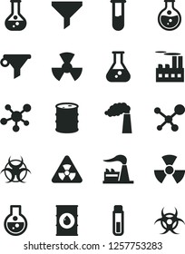 Solid Black Vector Icon Set - round flask vector, manufacture, factory, oil, barrel, industrial building, radiation, filter, water, test tube, molecule, nuclear, biohazard