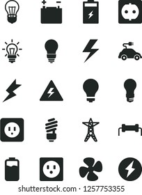 Solid Black Vector Icon Set - lightning vector, danger of electricity, matte light bulb, saving, power socket type b, fan screw, charge level, charging battery, accumulator, line, electric car