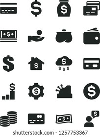Solid Black Vector Icon Set - bank card vector, dollar, cards, coins, reverse side of a, front the, denomination, catch coin, wallet, purse, money, cash, cashbox, rain, mortgage, pedestal, gear