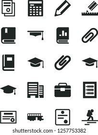 Solid Black Vector Icon Set - clip vector, new abacus, e, portfolio, buildings, drawing, square academic hat, pencil, book on statistics, scientific publication, engineer calculator, graduate, bus