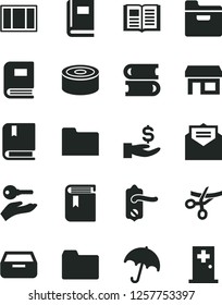 Solid Black Vector Icon Set - folder vector, book, e, books, window frame, door knob, received letter, umbrella, drawer, canned goods, stall, get a wage, arm with key, grand opening, medical room