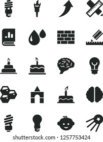 Solid Black Vector Icon Set - children's hairdo vector, box of bricks, cake, birthday, brickwork, saving light bulb, writing accessories, drawing, honeycombs, drop, energy, book on statistics, brain