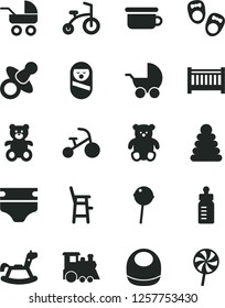 Solid Black Vector Icon Set - baby cot vector, dummy, feeding bottle, diaper, bib, stroller, carriage, stacking rings, roly poly doll, children's potty, a chair for child, teddy bear, small, train