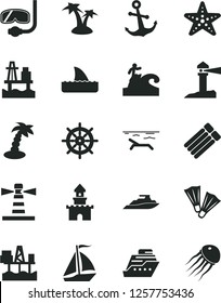 Solid Black Vector Icon Set - anchor vector, sea port, commercial seaport, lighthouse, coastal, sand castle, sail boat, beach, palm tree, starfish, flippers, diving mask, surfing, handwheel, cruiser