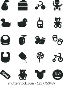 Solid Black Vector Icon Set - baby powder vector, bib, Child T shirt, rubber duck, duckling, warm socks, toy mobile phone, teddy bear, small, bicycle, tricycle, shoes for little children, lollipop