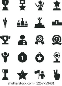 Solid Black Vector Icon Set - star vector, pedestal, flame torch, winner, podium, prize, award, cup, gold, reward, man with medal, hold flag, first place, ribbon, hero, victory hand
