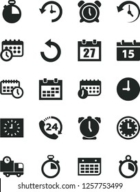 Solid Black Vector Icon Set - daily calendar vector, stopwatch, clock face, alarm, counterclockwise, wall, timer, delivery, 24, black, agenda, schedule, history