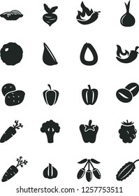 Solid Black Vector Icon Set - stick of sausage vector, slices onion, cabbage, chili, peper, garlic, carrot, coffee beans, blackberry, goji berry, Bell pepper, ripe, hot, potato, beet, broccoli