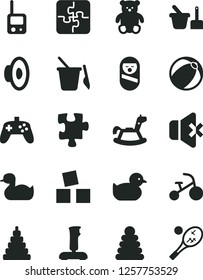 Solid Black Vector Icon Set - loudspeaker vector, rubber duck, baby duckling, bath ball, stacking rings, toy, roly poly doll, phone, sand set, children's, small teddy bear, rocking horse, tricycle
