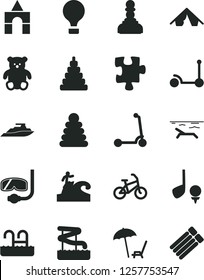 Solid Black Vector Icon Set - stacking rings vector, toy, small teddy bear, box of bricks, Kick scooter, child, Puzzle, pawn, air balloon, bike, tent, beach, arnchair under umbrella, pool, aquapark