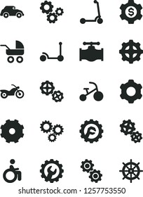 Solid Black Vector Icon Set - truck lorry vector, baby carriage, tricycle, Kick scooter, child, gears, cogwheel, gear, star, valve, retro car, three, dollar, motorcycle, disabled, handwheel