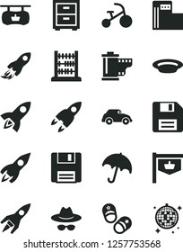 Solid Black Vector Icon Set - floppy disk vector, hat with glasses, camera roll, bedside table, tricycle, child shoes, abacus, umbrella, plate, modern gas station, retro car, vintage sign, rocket