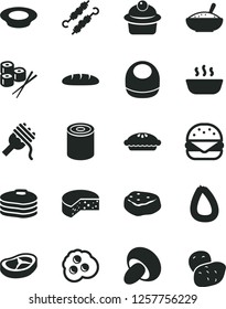 Solid Black Vector Icon Set - baby bib vector, stick of sausage, cheese, loaf, tin, big burger, spaghetti, porcini, muffin, pie, a bowl rice porridge, hot, plate milk, bacon, meat on skewers, piece