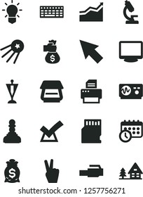 Solid Black Vector Icon Set - keyboard vector, monitor, printer, scanner, lan connector, sd card, schedule clock, cursor, microscope, bulb, oscilloscope, pawn, arrow graph, pennant, money bag hand