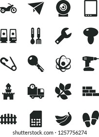 Solid Black Vector Icon Set - repair key vector, open pin, iron fork spoons, brick wall, drill, fence, delivery, lens, mushroom, bananas, SIM, tablet pc, speaker, atom, biology, paper plane